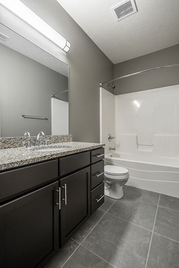 Bathroom with spacious vanity for storage and granite counters