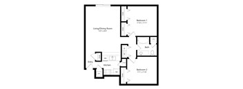 the 2-bedroom, 1-bathroom, 957 square feet Stanton floor plan at Pine Lake Heights apartments in Lincoln, NE