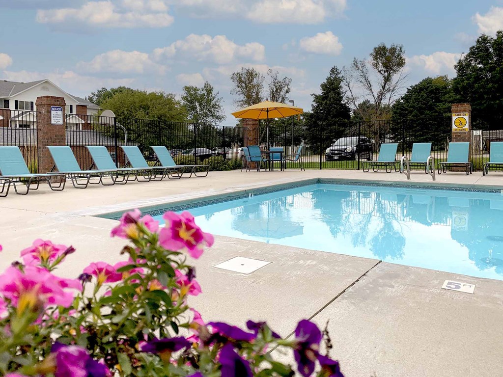 A pool surrounded by chairs and flowers with a building in the background.