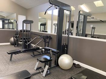 a gym with weights and mirrors in a treatment room
