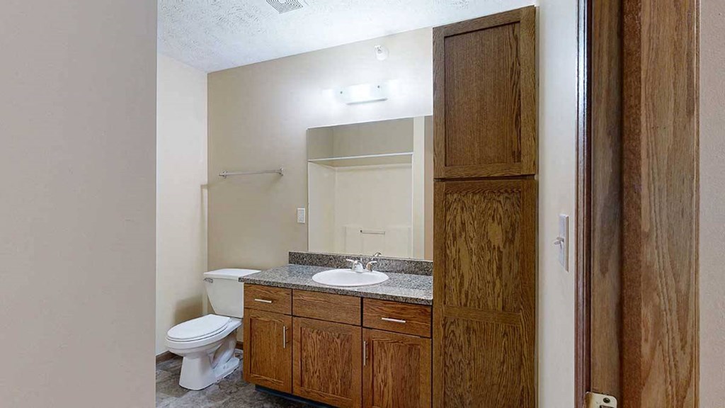 a bathroom with a granite vanity sink and a tall storage cabinet