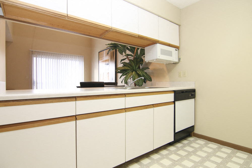 Kitchen with peek through window under cabinets into the living room