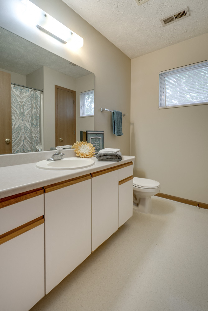 Bathroom with vanity with cabinets for storage at Pine Lake Heights apartments