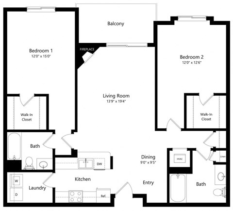 the 2-bedroom River floorplan at Pinebrook apartments in Lincoln, NE