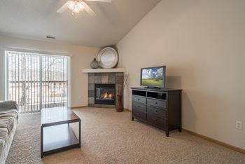 A living room with a fireplace, television, and a couch.