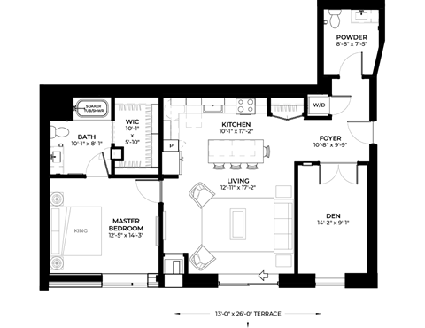 Hawthorn floor plan with 1 bedroom and 2 bathrooms at The Rowan luxury residences in Eagan MN 55122