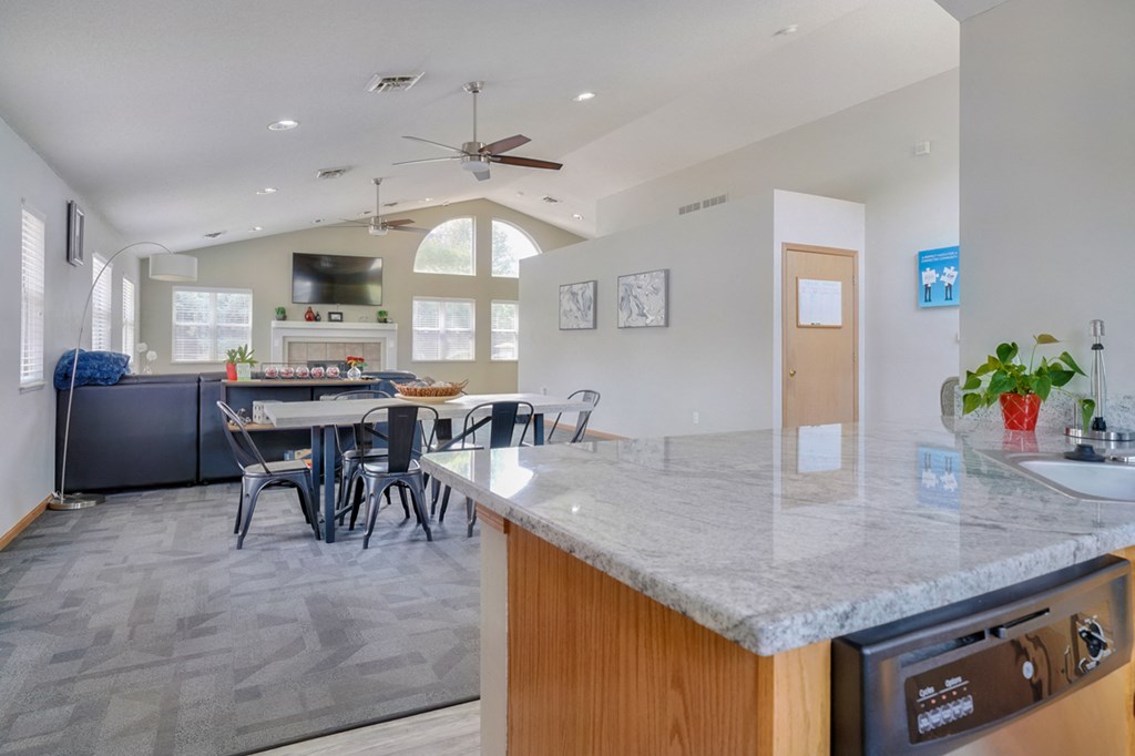 Common area with lounge area and kitchen in the clubhouse at Skyline View apartments