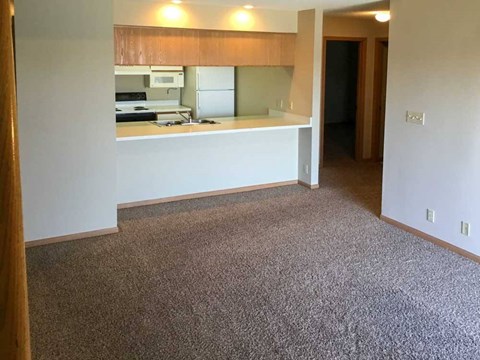 a kitchen with a windowed counter open to the living room