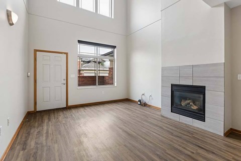 A room with a fireplace and a door.