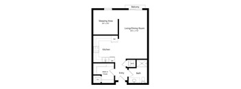 a 2D floorplan of the studio Durham at The Conrad in Omaha, NE 68105