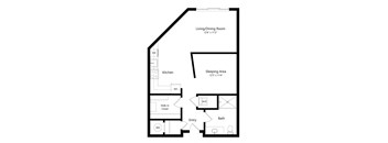 a 2D floorplan of the studio Farnam at The Conrad in Omaha, NE 68105