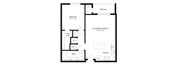 a 2D floorplan of the 1-bedroom Higgins at The Conrad in Omaha, NE 68105