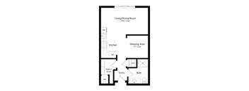 a 2D floorplan of the studio Jones at The Conrad in Omaha, NE 68105