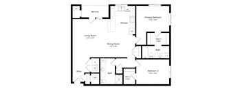 a 2D floorplan of the 2-bedroom Knickerbocker at The Conrad in Omaha, NE 68105