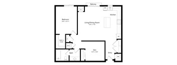 a 2D floorplan of the 1-bedroom Reuben with Den at The Conrad in Omaha, NE 68105