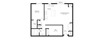 a 2D floorplan of the 1-bedroom Turner with Den at The Conrad in Omaha, NE 68105