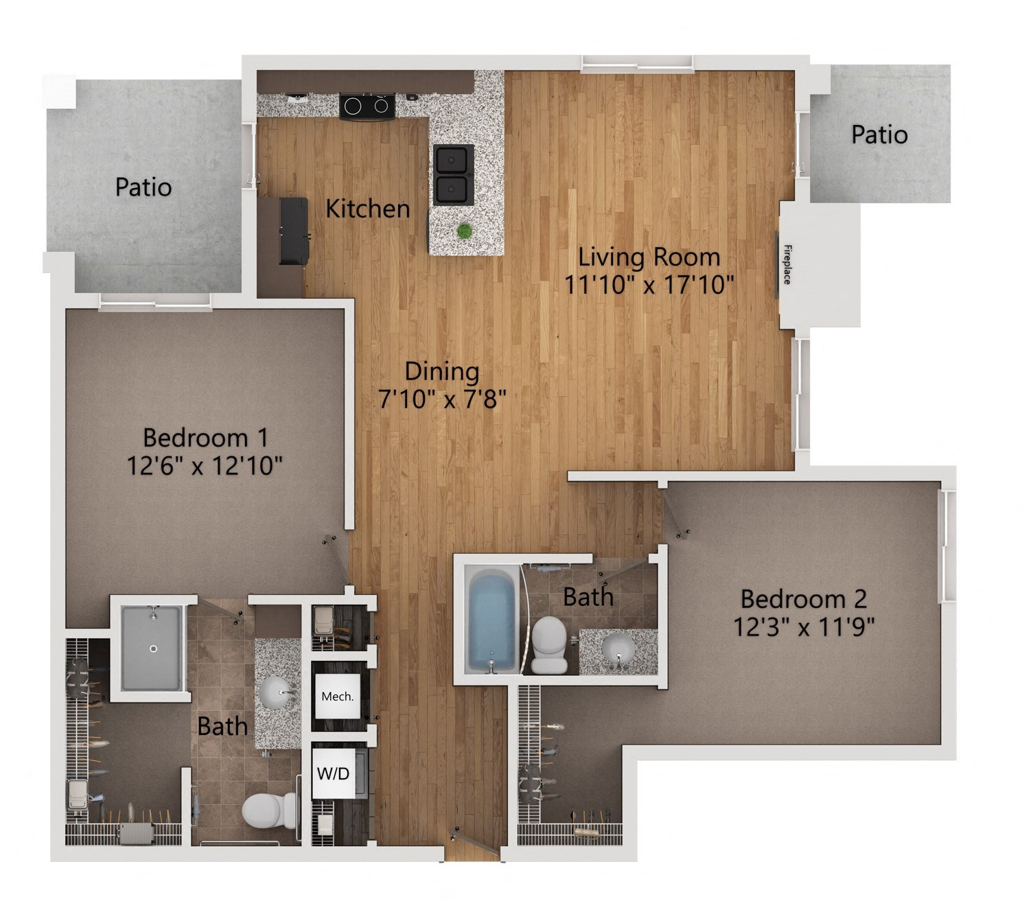 a floor plan of a two bedroom apartment with two bathrooms and a living room with a kitchen