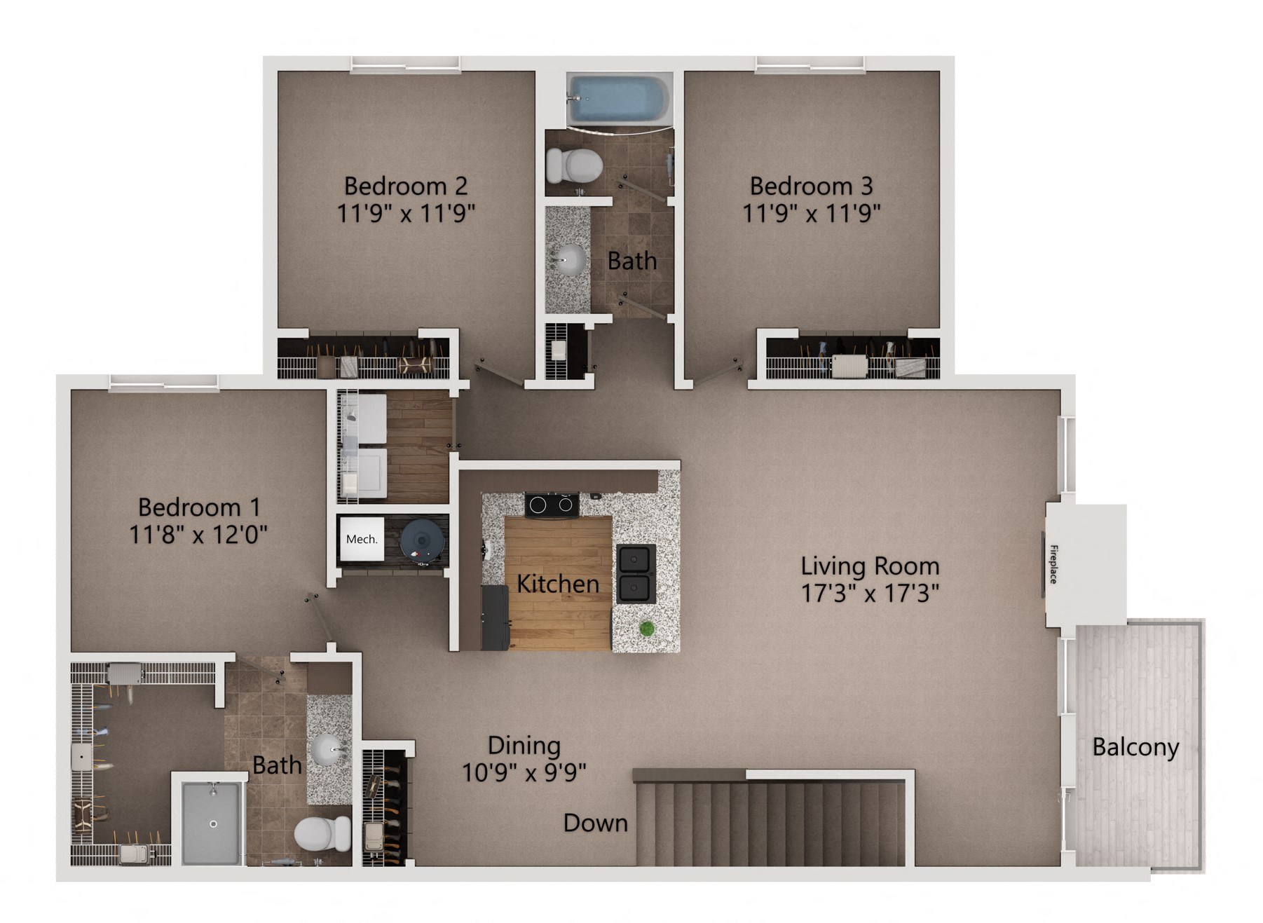 floor plan with 3 bedrooms and 2 bathrooms