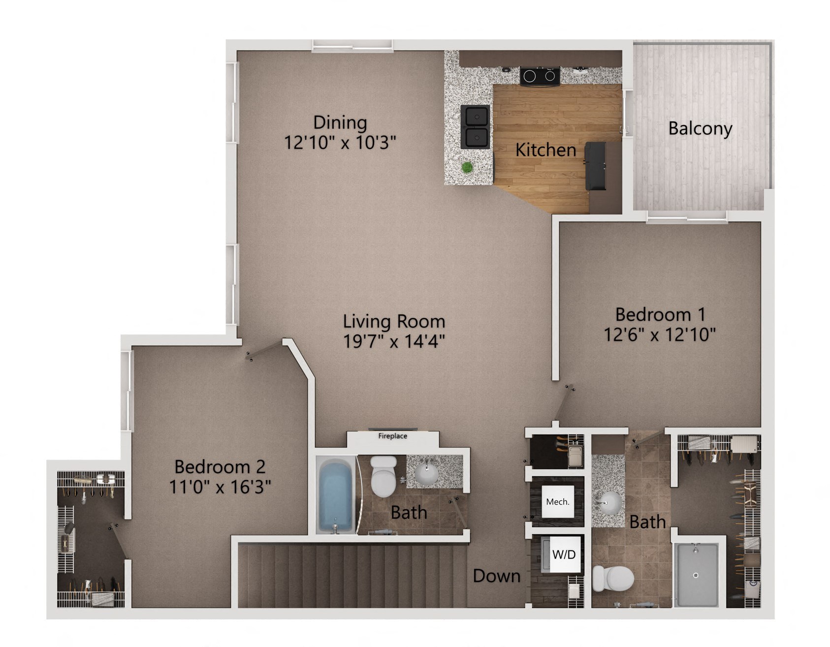 a floor plan of a one bedroom apartment with a living room and kitchen