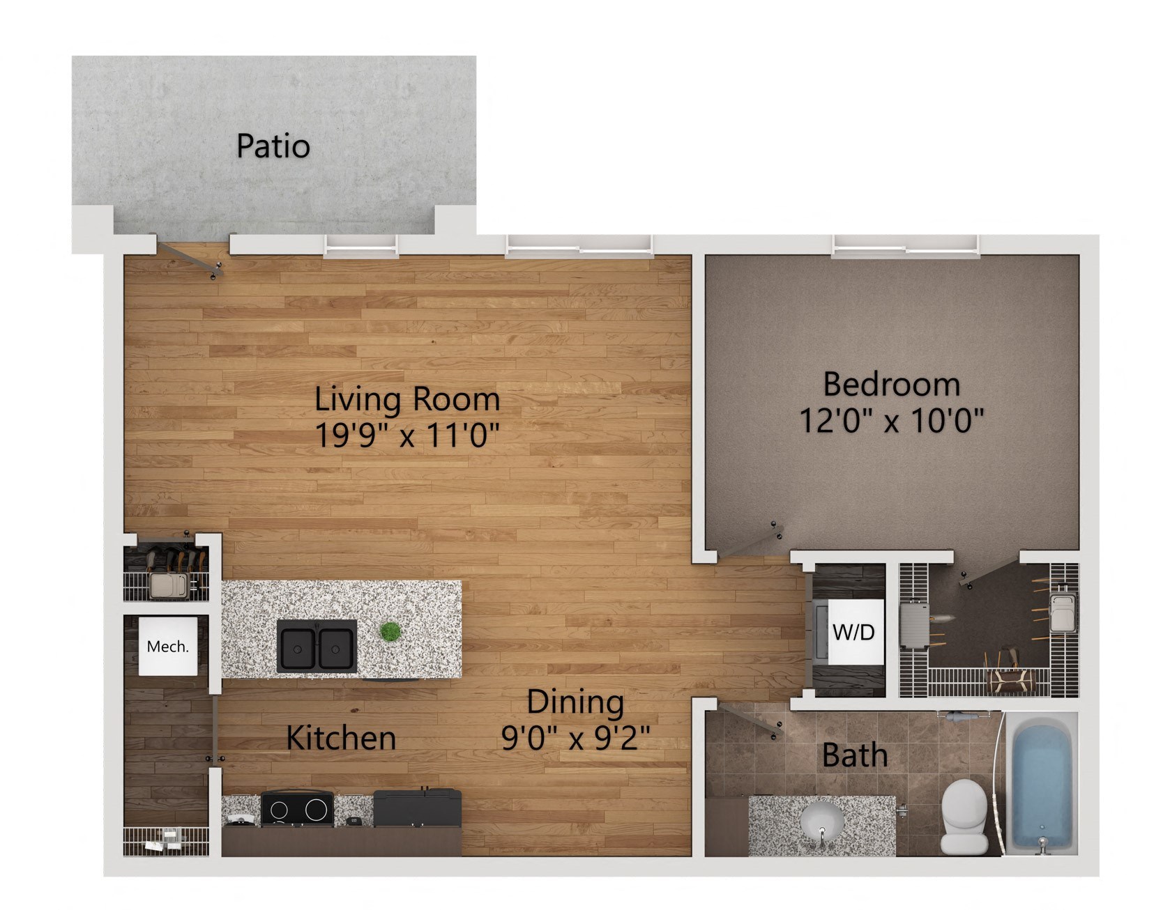 a floor plan of a one bedroom apartment with a living room and a bedroom with a bathroom