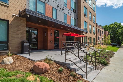 Entrance and patio of The Central apartments near uptown and downtown Minneapolis MN