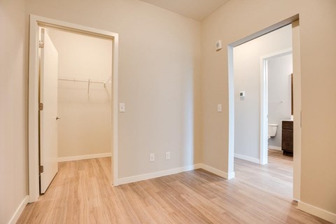 A room with doors to a walk-in closet and hallway