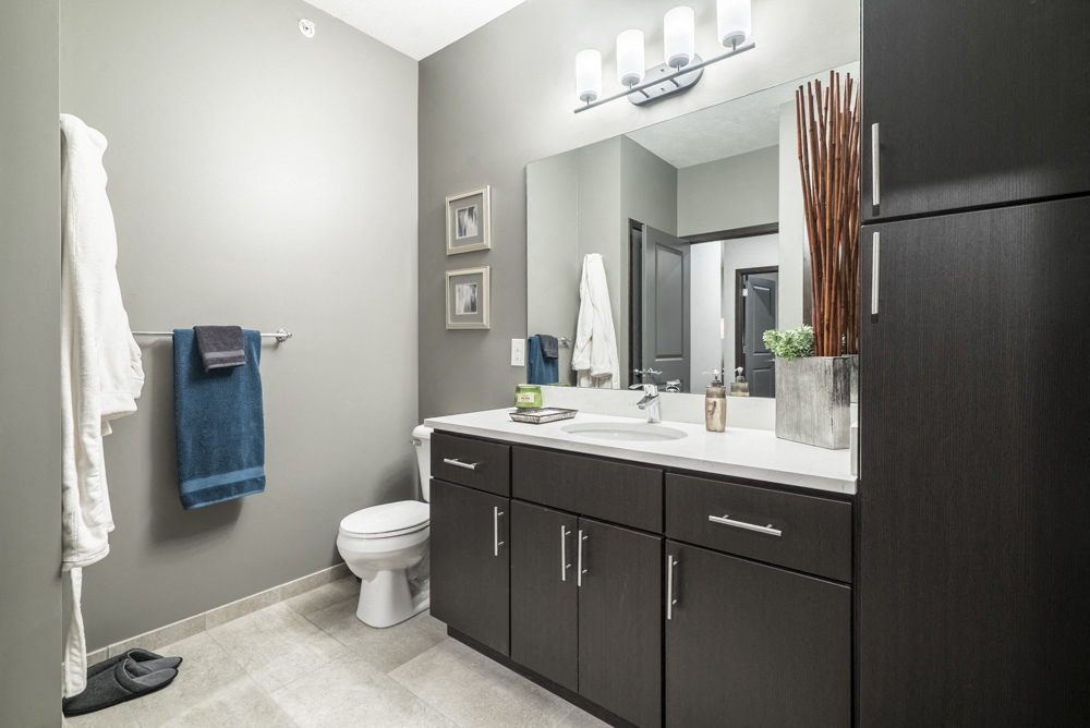 Traditional design scheme bathroom with dark cabinetry and quartz countertops-The Conrad apartments