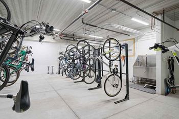 a bike locker room with multiple mounted spaces to hang bikes, and a built-in pet wash station