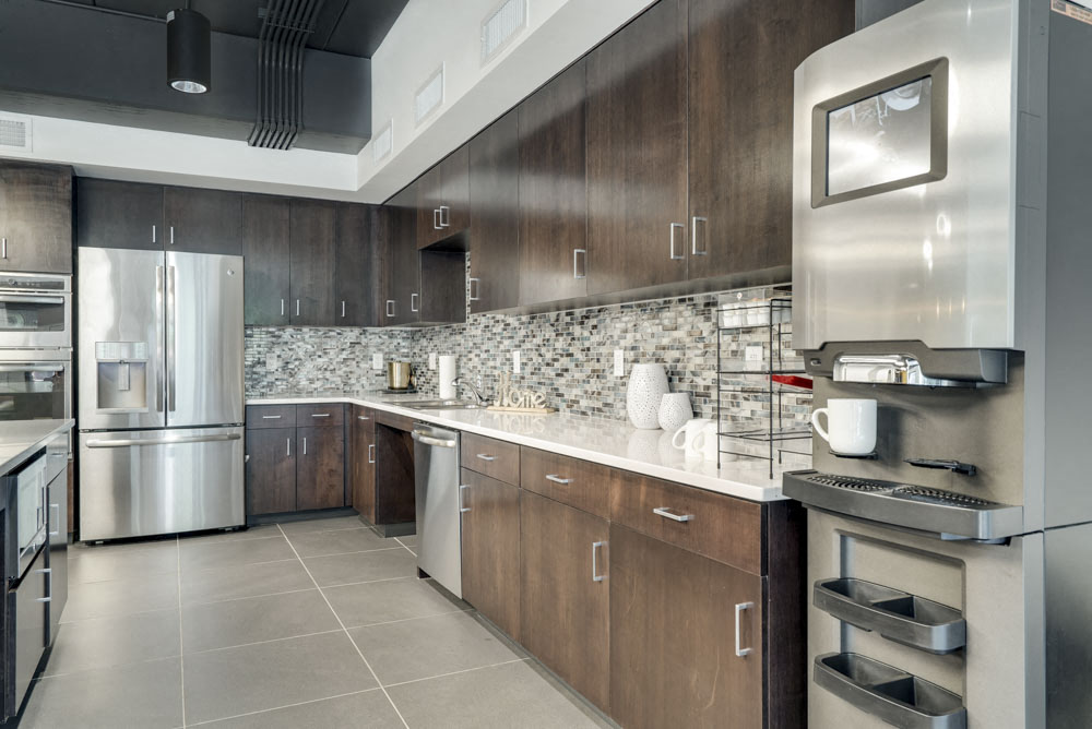 Coffee bar and clubhouse kitchen at The Conrad near UNMC in the Blackstone District Omaha NE 68105
