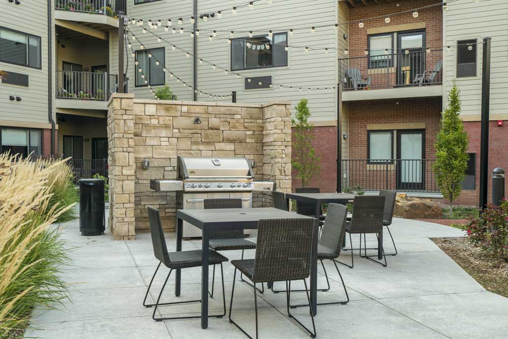 Outdoor grill and seating at The Conrad near UNMC in the Blackstone District Omaha NE 68105