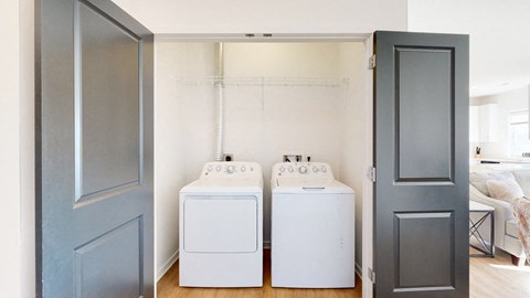 a small laundry room with two washers and a dryer