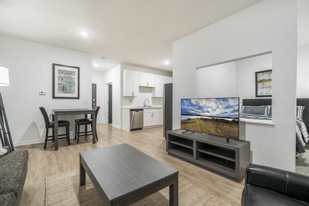 Living room of studio apartment for rent at The Conrad near UNMC in Omaha NE