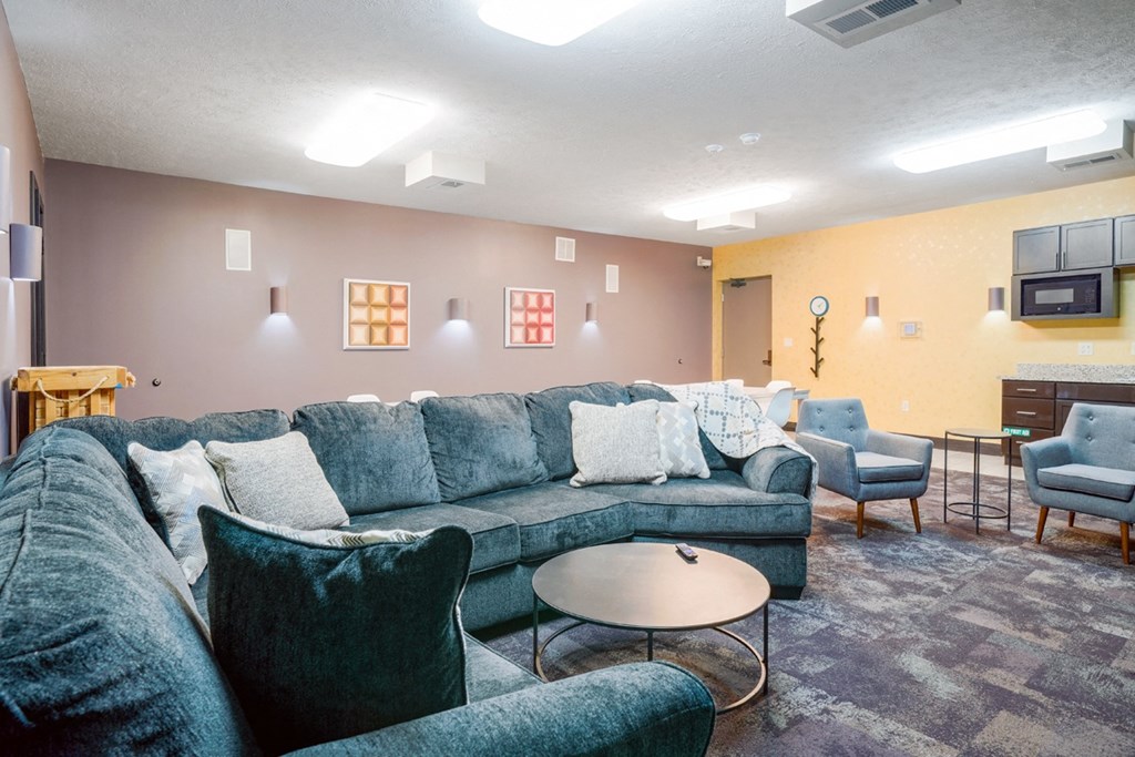 the theater room with couches chairs and a coffee table