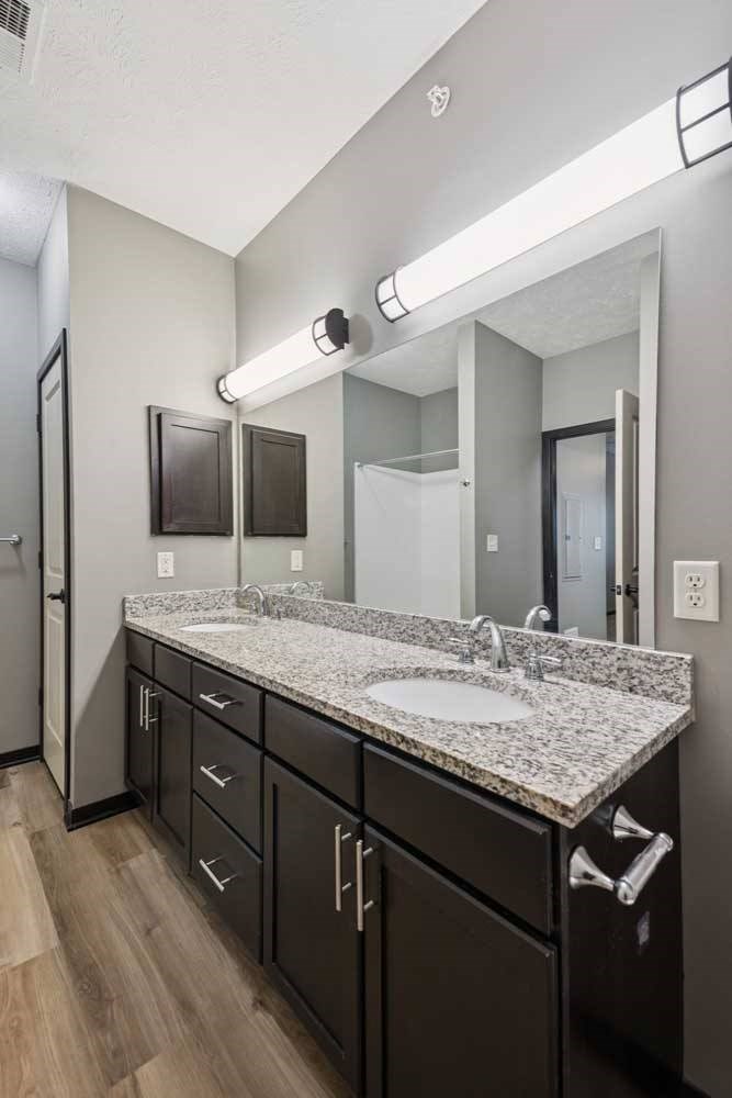 A bathroom with a double sink granite vanity, dark cabinets, oversized mirror with overhead lighting and a medicine cabinet.