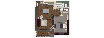 A floor plan of an apartment with a kitchen, living room, bedroom, and bathroom.
