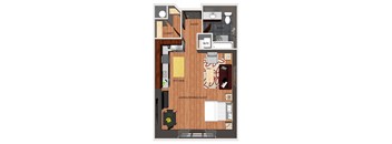 A floor plan of a studio apartment with a living room, kitchen, and bathroom.