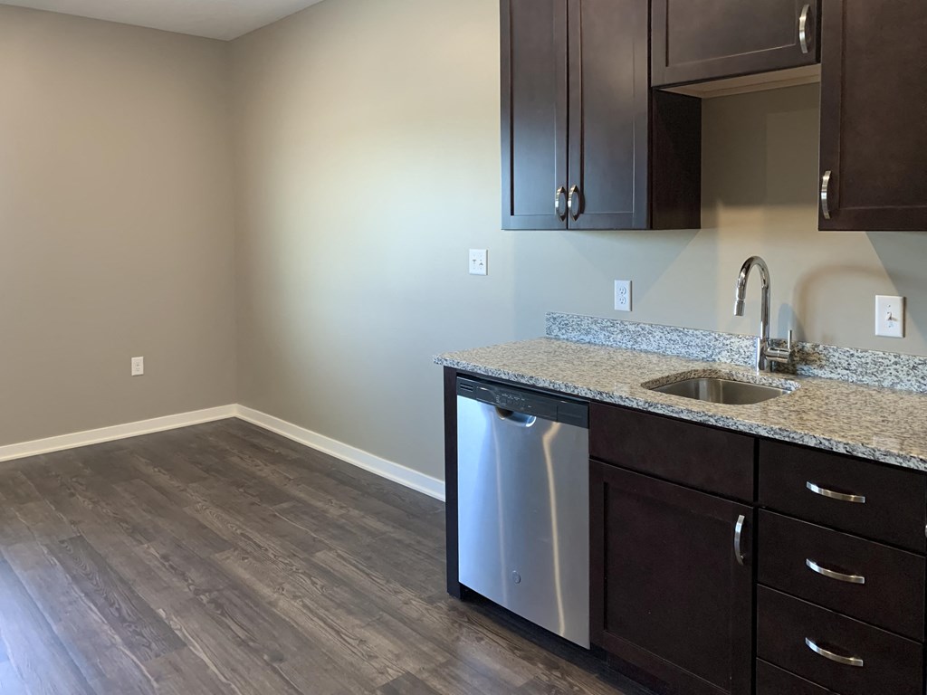 Kitchen space leading to the living and dining space