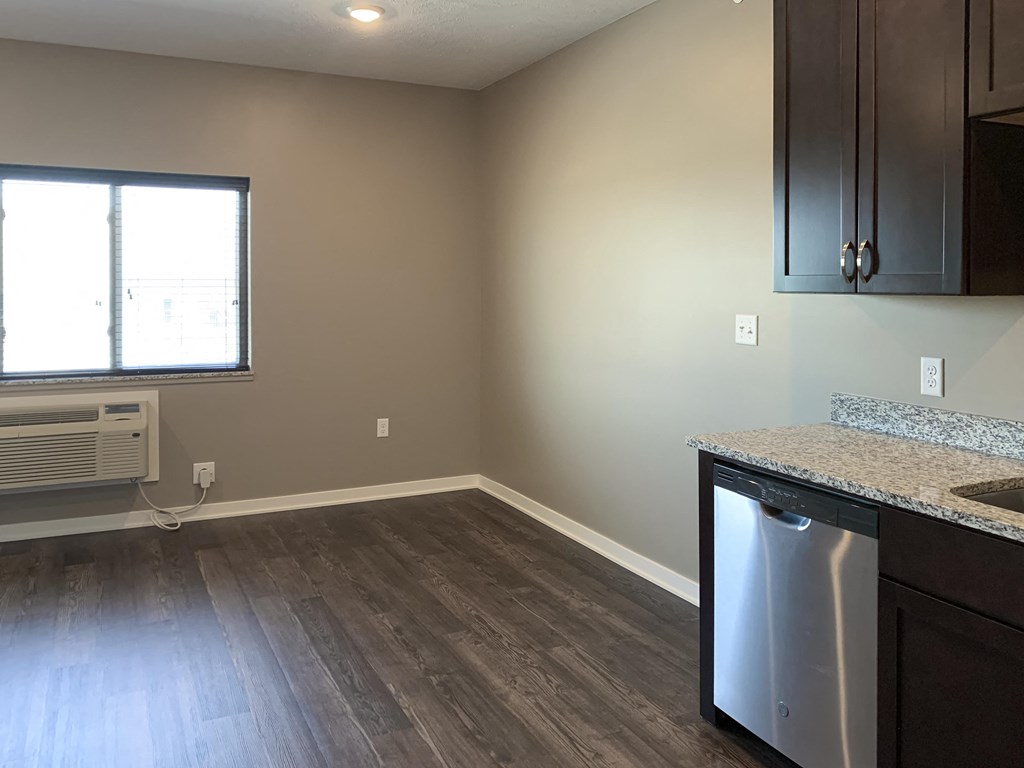 Kitchen space leading to the living and dining space