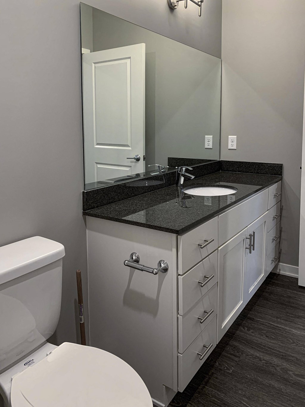 Bathroom with large white vanity and mirror in the buffalo floorplan