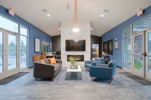 A modern living room with a fireplace and a large rug.