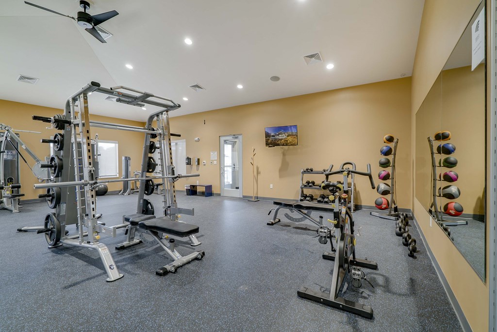 Weight lifting equipment in the fitness center at The Flats at Shadow Creek