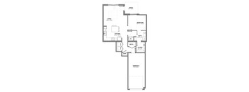 One-bedroom apartment layout with open living and kitchen area, island seating, full bathroom, in-unit laundry, private patio, and attached garage.