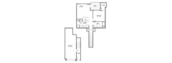 One-bedroom apartment floor plan featuring open living and kitchen space, pantry storage, full bath, private patio with adjacent closet, and attached garage.