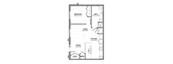 One-bedroom apartment layout with open living area, large kitchen with island, entry with coat closet, in-unit laundry, full bathroom, and separate bedroom with closet.