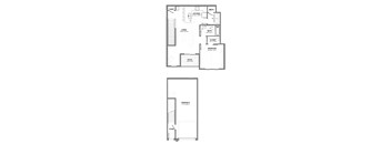 One-bedroom apartment floor plan with open living area, kitchen with island seating, in-unit laundry, full bath, private patio, and attached garage below.