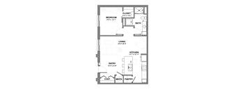 One-bedroom apartment layout with open living and kitchen area, island seating, entry with coat closet, full bathroom, in-unit laundry, and bedroom with adjacent closet.