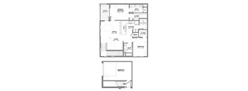 Two-bedroom apartment floor plan with an open living and dining area, central kitchen, two bathrooms, a patio off the primary bedroom, and an attached garage below.