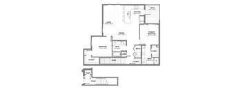 Two-bedroom apartment floor plan with an open living and dining area, kitchen with island seating, two bathrooms, in-unit laundry, and a private patio off the kitchen.