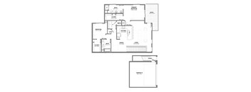 Two-bedroom apartment floor plan with an open-concept kitchen, dining, and living area, two bathrooms, a large patio off the primary bedroom, and a private attached garage.