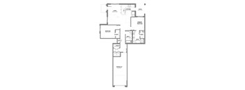 Two-bedroom apartment layout featuring an open-concept living room and kitchen with island, two bathrooms, in-unit laundry, a patio off the primary bedroom, and an attached garage.